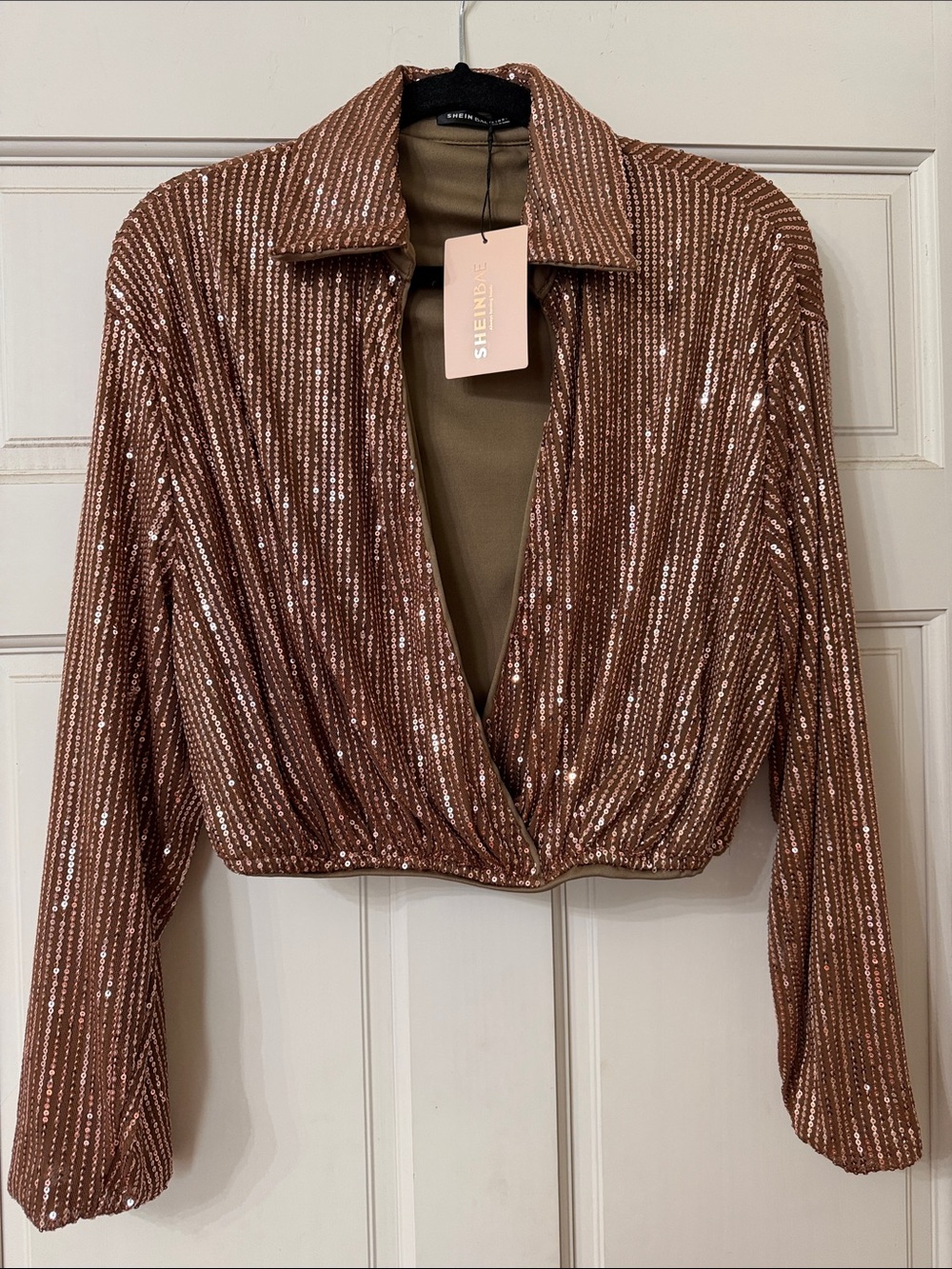 SHEIN Rose Gold Sequin Cropped Wrap Top